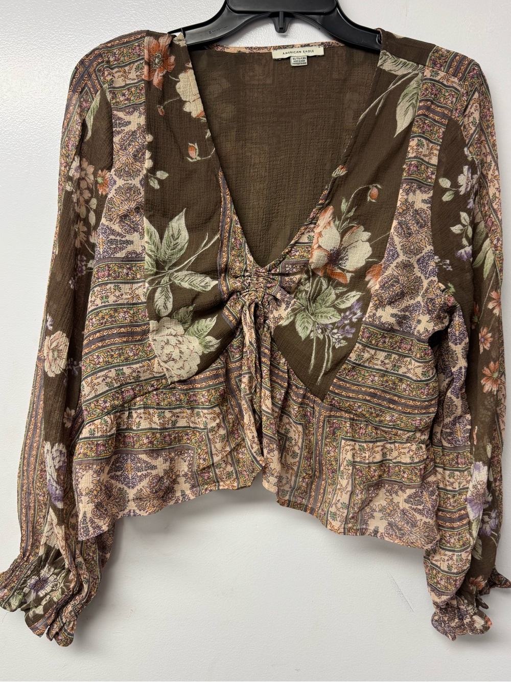 American Eagle XL Boho Floral Tie Front Peplum Blouse Bell Sleeve Cottagecore B6 - Picture 3 of 10